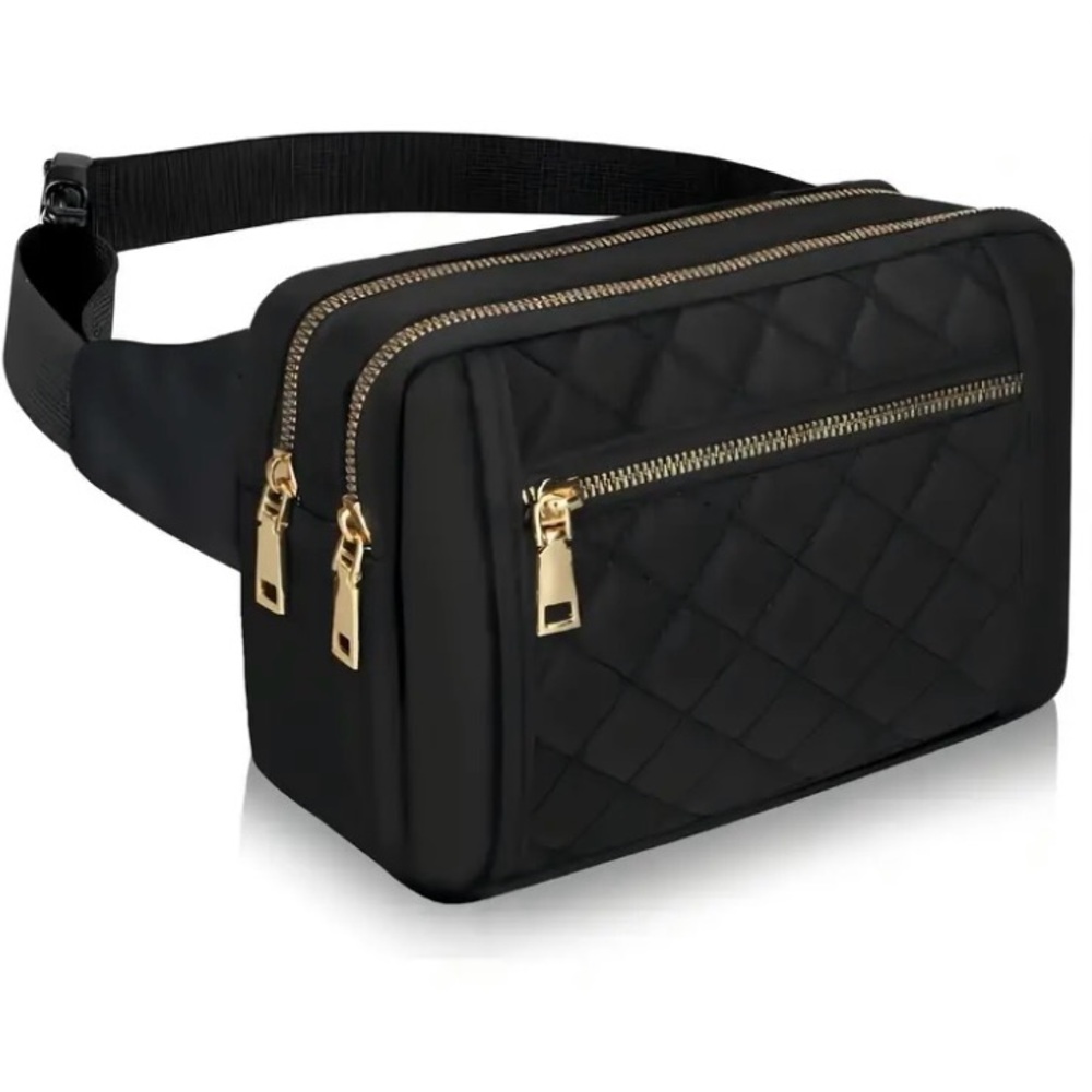 Black Quilted Belt Bag with Gold Zippers